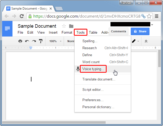 Google Docs Voice Typing