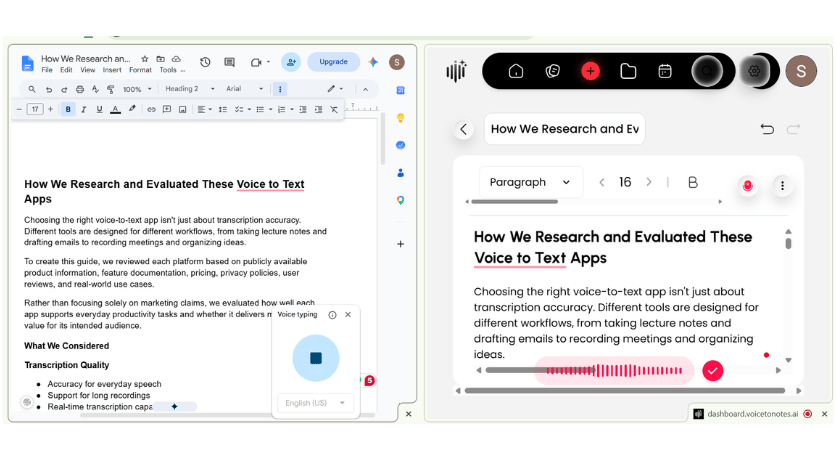 Quick Feature Comparison. VoiceToNotes vs Google Docs Dictation